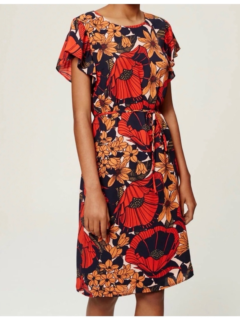 2 for $30 sale: LOFT orange red floral midi dress with removable belt. S